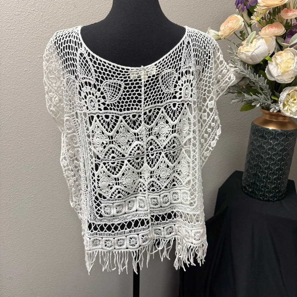 Umgee Crochet Lace Fringe Tunic Top Boho Festival Beach Layering M/L - Picture 3 of 7